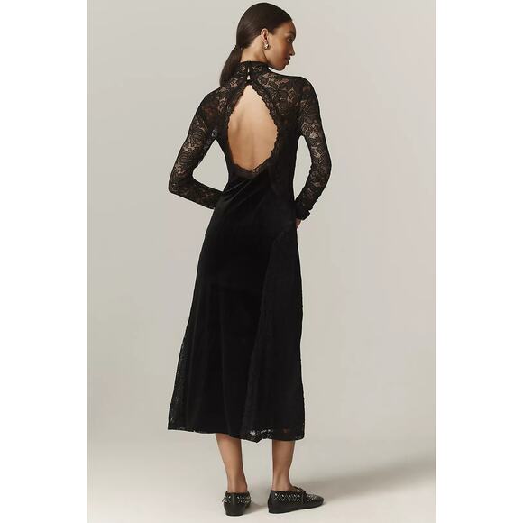 NWT Anthropologie Long-Sleeve Mock-Neck Lace Velvet Slip Midi Dress $170 SMALL - Picture 4 of 8